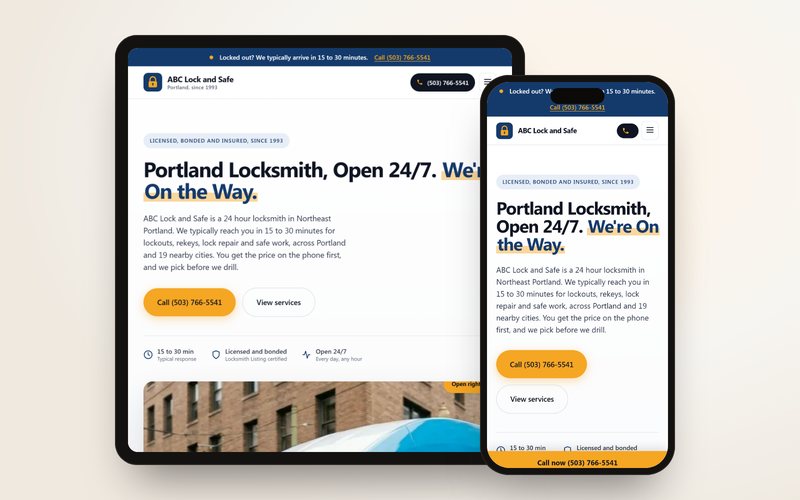 The ABC Lock and Safe website on a tablet and a phone