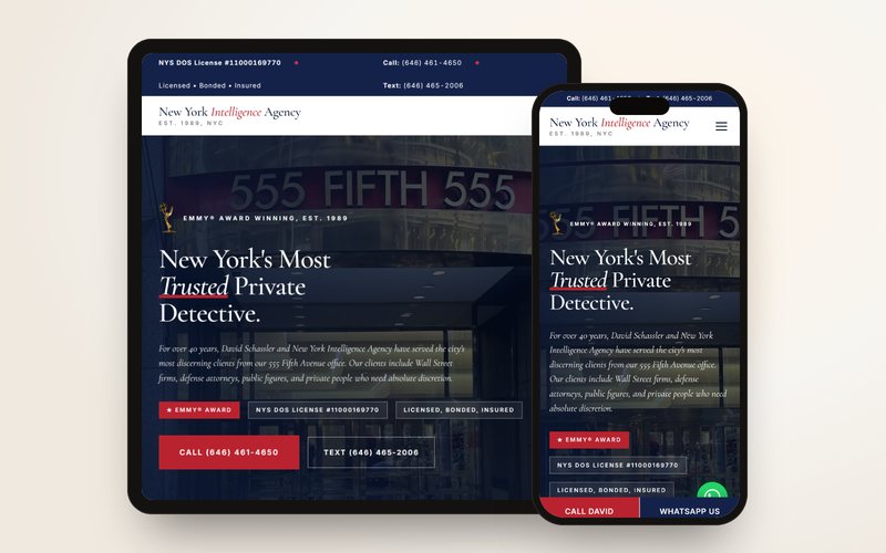 The New York Intelligence Agency website on a tablet and a phone