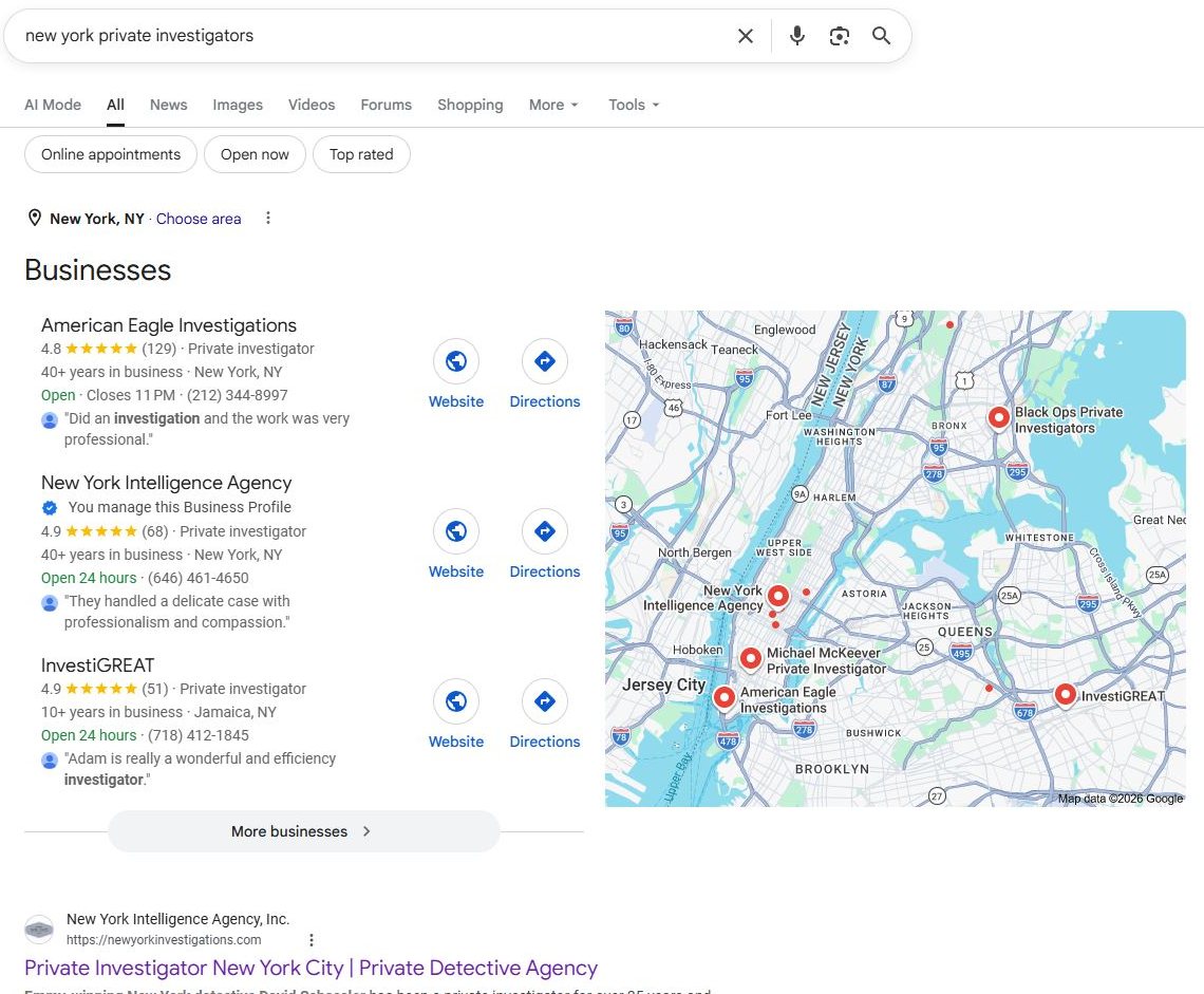 Google results for new york private investigators with New York Intelligence Agency in the map pack and first in the organic results