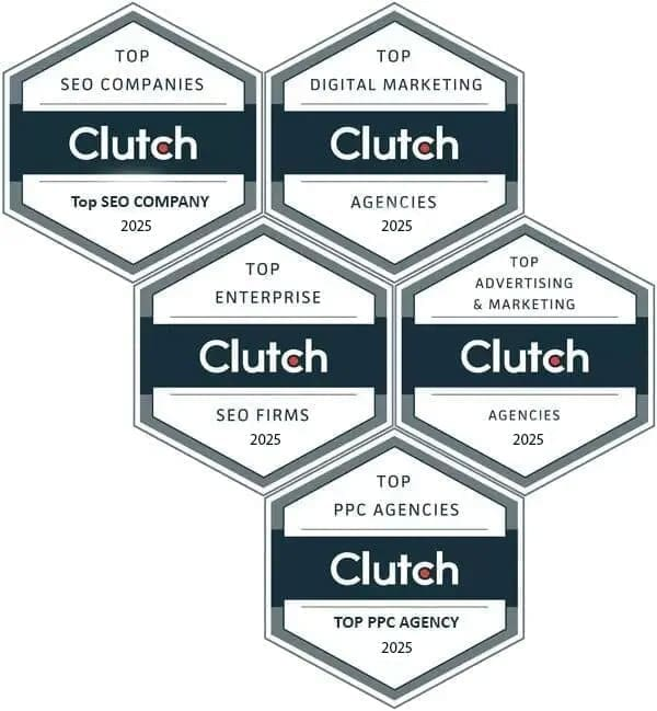 Five Clutch 2025 badges, including Top SEO Company and Top PPC Agency